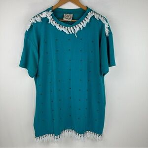Vintage Good Morning USA Teal Turquoise Shirt with Embellishments. One Size